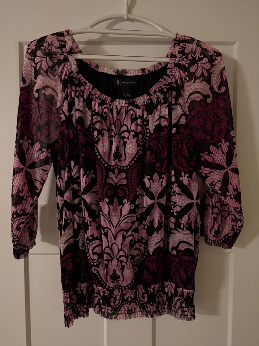 INC International Concepts Black and Pink Damask Peasant Blouse